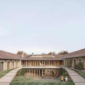 Rénovation biomimétique de l'ancien mess des officiers pour le conservatoire de senlis, vue intérieur de la cours