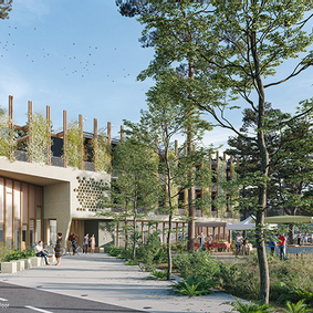 Plan 3D exterieur construction d'un bâtiment tertiaire dans la zone d'activités Pédebert à Hossegor