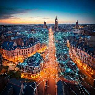 Image surréaliste d'une ville avec des réseaux de chaleurs et réseaux électriques