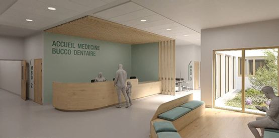 perspective 3D de l'accueil de la nouvelle clinique odontologique de Pessac